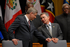 El Presidente Álvaro Uribe dialoga con Stephen Harper, primer ministro Canadá, al inicio de la ceremonia inaugural de la Quinta Cumbre de las Américas, en Trinidad y Tobago.
