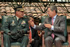 El Presidente Álvaro Uribe dialoga con el Ministro de Defensa encargado y Comandante de las Fuerzas Militares, General Freddy Padilla de León, durante la ceremonia de ascensos de un grupo de jóvenes a subtenientes del Ejército, que se cumplió este miércoles en la Escuela Militar de Cadetes General José María Córdova, de Bogotá.